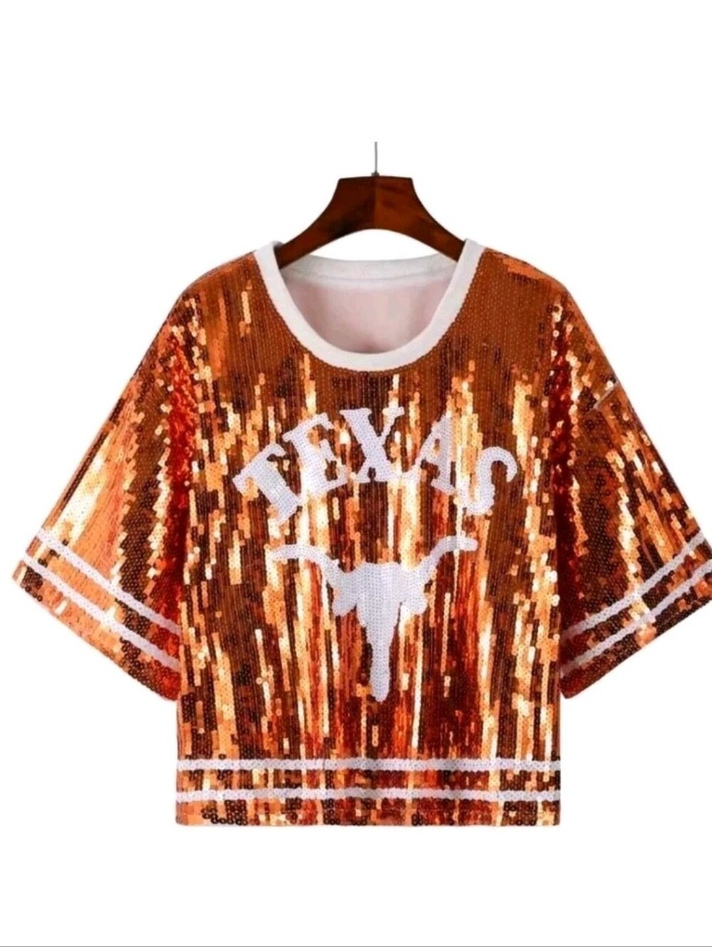 Texas Longhorn White & Burnt Orange Sequin Crop Blouse Jersey